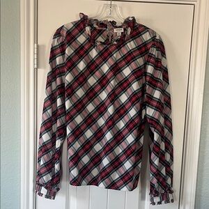 J. Crew Checkered Ruffle Neck Top in Red and Black